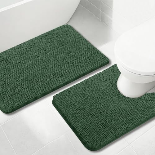 Bathroom Rugs Chenille, Extra Thick and Absorbent, Non-Slip, Machine Washable, Dry Quckily, Soft Cozy Plush, Used Under Shower Bathtub and Sink, Bath mat Sets Dark Green - color: Dark Green, size: 20 x 32 inch + 20 x 20 inch (U-Shape)