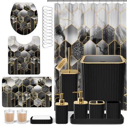 XLHOMO Bathroom Set - 26PC Bathroom Set with Shower Curtain and Rugs, Bathroom Accessory Set, Black Bathroom Accessories Set, Trash Can & Soap Dispenser - style: Black&Gold