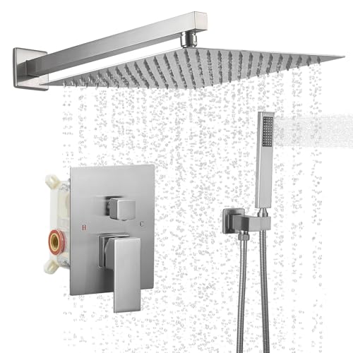 BWE 12 Inch Brushed Nickel 2-Faction Wall Mounted Bathroom Shower System | Brass and Stainless Steel,Rainfall Shower Head,Handheld Shower Head,Pressure Balance Valve,Escutcheon Plate,Hotel,Bath Center - color: Brushed Nickel, size: 12 Inch
