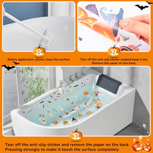 Halloween Non-Slip Bathtub Stickers, White Ghost Black Bat Pumpkin | 6 Pages, Anti-Slip Decals for Kids, With Scraper, Fun & Safe Bathtub Adhesive Appliques - color: Halloween
