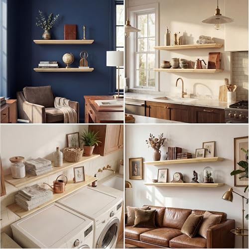 Acovy 24in Solid Spruce Wood Floating Shelves with Beveled Bottom Edges, Wooden Floating Shelf with Heavy-Duty Bracket for Living Room Bathroom Bedroom Kitchen, Rustic Natural, DIY Available, 2 Packs - color: Rustic Natural, size: 24"-2 Packs