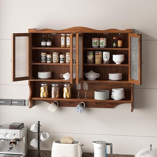 Retro Style Haze Three Glass Door Wood Wall Cabinet with Detachable Shelves for Office, Dining Room,Living Room, Kitchen and Bathroom - color: Brown(4)