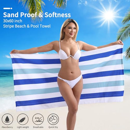 Beach Towel Set-4 Pack 30"x60" Sand Free Stripe Beach Towel for Pool,Bathroom,Soft Absorbent Quick Dry Lightweight Beach Bath Towel,Camping Blanket,Travel Towel,Beach Essentials for Adults,Blue/Mint - color: Blue/Mint