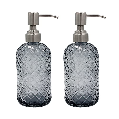 16 oz Diamond Pattern Glass Soap Dispenser, Kitchen and Bathroom Refillable Soap Dispenser with Rust Resistant Stainless Steel Pump for Hand Soap, Lotion Glass Liquid Dispenser(Grey-2pack) - color: Grey-2pack
