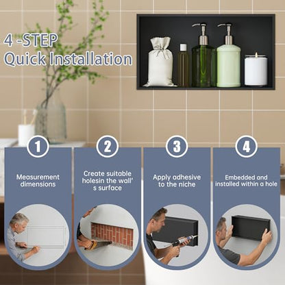 Shower Niche 24"×12" No Tile Needed, Matte Black Recessed Wall Niche, Stainless Steel, Waterproof Rust Resistant, 4in Deep for Bathroom Shower Room - size: 24"W x 12"H x 4"D