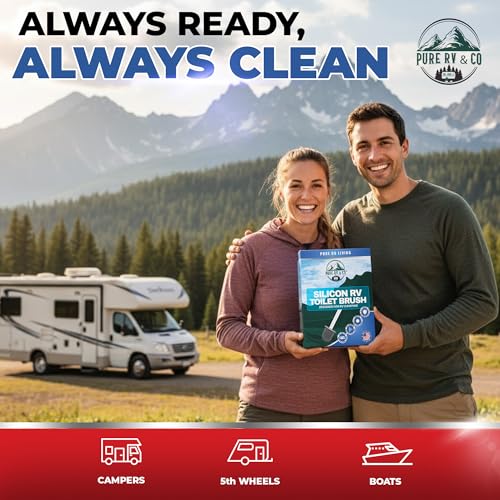 RV Tank Treatment Toilet Brush, Wall Mounted Holder & Septic Safe, Non-Scratch Silicone Flexible D-Head with Durable Long Handle for RVs,Trailers & Camper Bathrooms