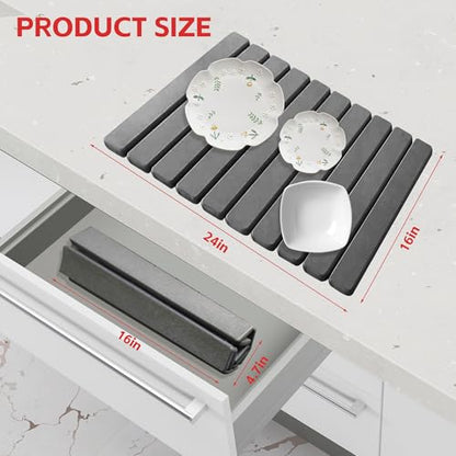 Stone Drying Mat For Kitchen Counter 24"x16" Foldable Super Absorbent Non-Slip Diatomaceous Earth Quick Dry Mat Matches Any Countertop Base for Dishes Cups Utensils Foldable Design Fast