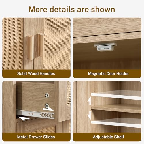 47.2" H Tall Storage Cabinet with Adjustable Shelf, Rattan Cabinet, Cupboard for Living Room, Dining Room, Entryway, Home Office, Natural - color: Natural, 4 Doors