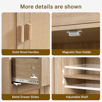 47.2" H Tall Storage Cabinet with Adjustable Shelf, Rattan Cabinet, Cupboard for Living Room, Dining Room, Entryway, Home Office, Natural - color: Natural, 4 Doors