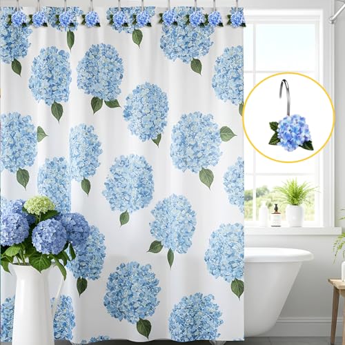 12 Pcs Hydrangea Decorative Shower Curtain Hooks Blue Flower Shower Curtain Rings Hanger Stainless Steel Resin Spring Floral Themed Hooks for Home Bathroom Decor - style: Hydrangea