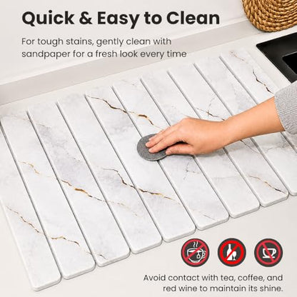Large Stone Dish Drying Mat for Kitchen Counter, Foldable & Super Absorbent Diatomaceous Earth Drying Pad for Dishes, Cups, Bottles with Anti-Slip Mesh & Quick Dry (White Marble 24"L x 16"W) - color: White Marble