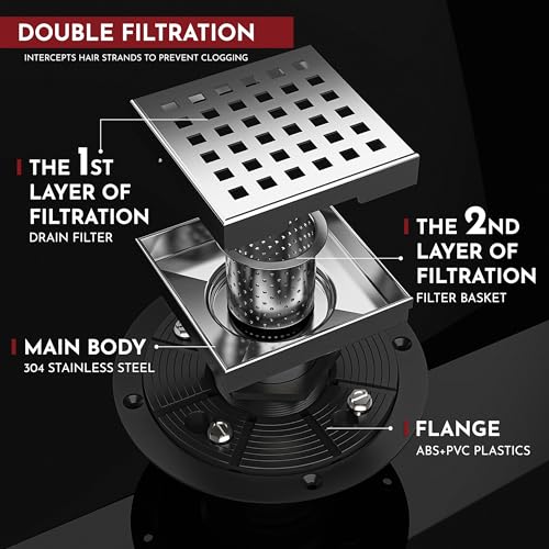4 Inch Square Shower Drain Brushed Floor Drain with Flange Square Holes Pattern Cover Grate Removable SUS304 Stainless Steel Watermark&CUPC Certified Brushed - color: Brushed, size: 4 Inch