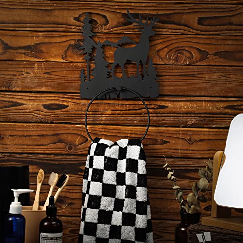 Funrous Deer Towel Holder for Bathroom Matte Black Metal Hand Towel Holder | Rustic Forest Elk Cub Decorative Bath, Toilet Wall Mounted Ring, Hanging Hand Cloth, Round Washcloth Rack Home Kitchen - style: Elk