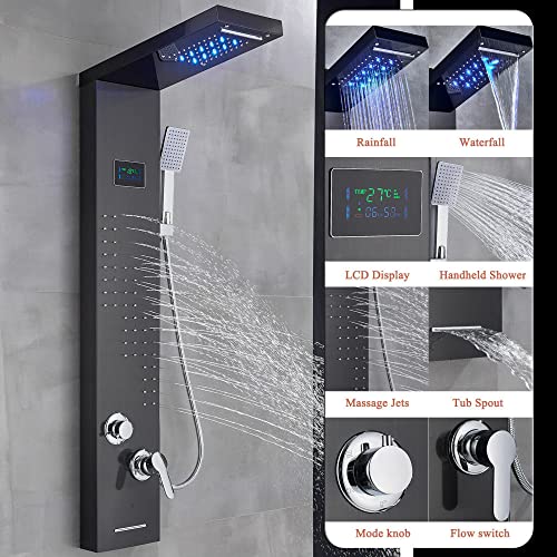 Black Shower Panel Tower System Led Rain Head Combination Massage Body Jets Faucet Shower Column