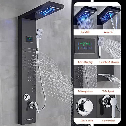 Black Shower Panel Tower System Led Rain Head Combination Massage Body Jets Faucet Shower Column