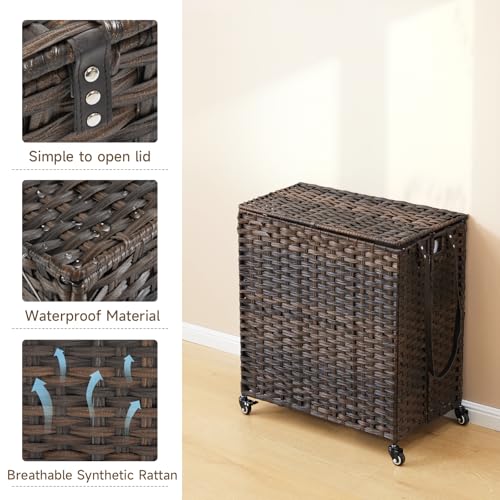 Laundry Hamper with Wheels, 39.6 Gallon(150L) Rolling Laundry Basket with Lid, Removable Large 2 Color Liners & 3 Mesh Laundry Bags, Clothes Hamper with Side Pocket, Brown - color: Brown, size: 23.62"L x 15.75"W x 25.6"H