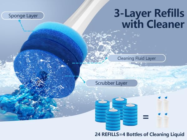 24 Wand Refills and Replaceable Brush Heads Kit for Leebein HK-047 Electric Toilet Brush, Hard Nylon Brush Head and TPU Silicone Brush Head, 24PCS Sponge Pad with Cleaner, Machine Not Included - color: 24 Refills & 2 Brush Heads