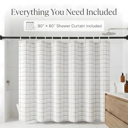 304 Stainless Steel Shower Curtain Rod, Adjustable Telescopic Tension Rod, Rustproof Heavy Duty Bathroom Rod, No Drilling Expandable Curtain Rod 42–78 Inch – Black + 80“ x 80” Shower Curtain - color: Black, size: 42"–78"