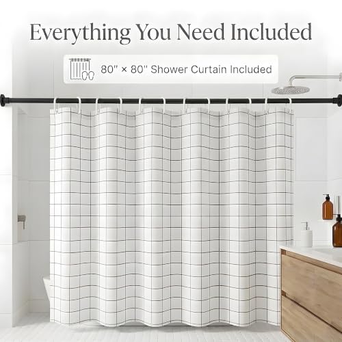 304 Stainless Steel Shower Curtain Rod, Adjustable Telescopic Tension Rod, Rustproof Bathroom Rod, No Drilling Expandable Curtain Rod 26''–46'' – Black + 80“ x 80” Shower Curtain - color: Black, size: 26"–46"