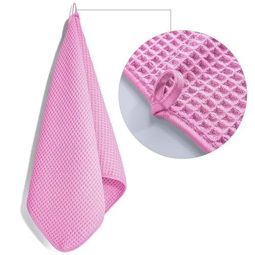 POLYTE 430 GSM Poly Blend Microfiber Quick Dry Waffle Hand Towel, 16x30 in | 4 Pack, Oversize, Lint Free, Quick Dry, Hanging Loop - color: Pink