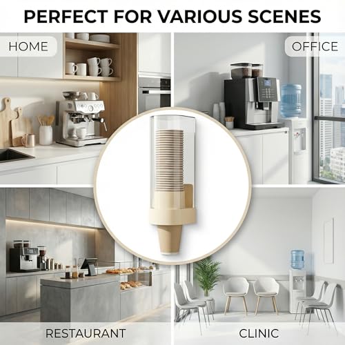 Cup Dispenser Wall Mounted, Large Capacity Bathroom Cup Holder for 4-6oz Cups, Dustproof Water Cooler Organizers with 50 Absorbent Coasters, Beige
