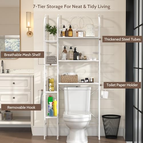 7-Tier Over the Toilet Storage Rack, Heavy-Duty Metal Bathroom Organizer with Adjustable Shelf, Toilet Paper Holder & Side Hooks, Space Saver for Small Bathrooms, Laundry Room & Apartments, White