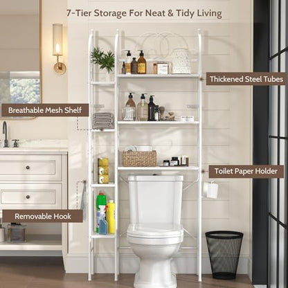 7-Tier Over the Toilet Storage Rack, Heavy-Duty Metal Bathroom Organizer with Adjustable Shelf, Toilet Paper Holder & Side Hooks, Space Saver for Small Bathrooms, Laundry Room & Apartments, White