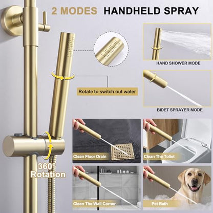 Brushed Gold Exposed Shower System with 2 Modes HandHeld,3 Functions Tub Shower Faucet Sets with Brass Valve, Shower Fixture with 10 Inches Rainfull Shower Head,Shower Height Adjustable - color: B- Brushed Gold with Round Shower Head