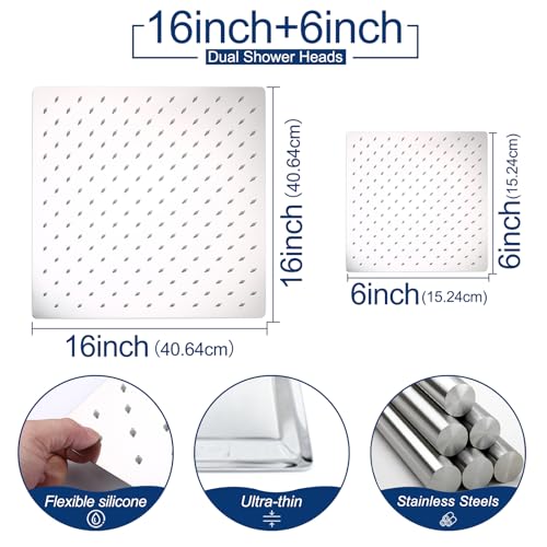 Thermostatic Shower System three Shower Heads with 16" Ceiling Mounted Rain Shower Head & 2 x 6" Wall Mounted Head 4 Function Full Body Shower System Can All Run Together, Chrome - color: Polished Chrome