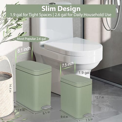 rejomiik Small Bathroom Trash Can with Lid Slim Soft Close Garbage Can Step Wastebasket Container Trash Bin for Office Bedroom Kitchen Living Room (1.9 Gallon Light Green) | Garbage Can with Pedal for Office, Bedroom, Kitchen & Living Room, Narrow Plastic
