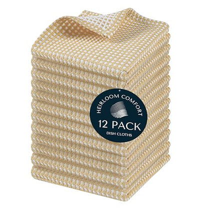 12 Pack Dual Tone Waffle Weave Dish Cloth, 12x12 Inch, 100% Cotton Dishcloth Set, Super Absorbent, Fast Dry, Teal Towels, Soft Hand Towel, Durable Dish Rags & Wash Cloth, Beige - color: Beige