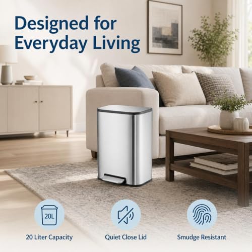 GarveeHome 5.3 Gallon Trash Can, Stainless Steel Step Trash Can, Silver | Soft Close Lid, Foot Pedal and Removable Inner Bucket, Rectangular Garbage Can for Kitchen, Bathroom, Office, Living Room - color: Stainless Steel, size: 20 L