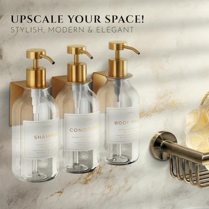 Shower Shampoo Dispenser Wall Mounted – 3 Refillable 16.9 oz Clear Bottles with Stainless Steel Pumps & No-Drill Adhesive Holders – Soap Dispenser Set for Bathroom (3 X Clear/Gold) - color: 3 X Clear/Gold
