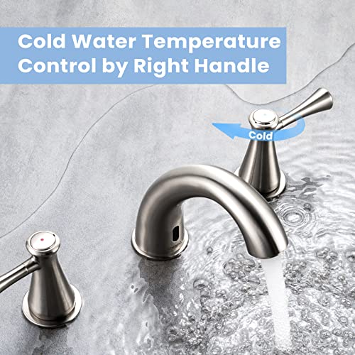 Touchless Bathroom Faucet for 3 Holes with 3 Handles, Controlling Temperature & Adjustable Water Flow, Short & Long Induction Modes, Auto Motion Sensor Brushed Nickel Bathroom Faucet Set 29180 - color: 29180Brushed Nickel