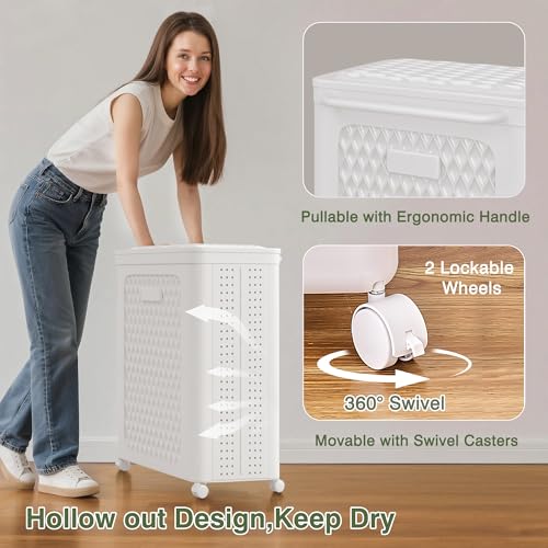 VECELO Rolling Laundry Hamper with Wheels and Lid, Foldable Plastic Laundry Basket with Handle, Rolling Divided Laundry Cart for Small Spaces, Laundry, Bathroom, Bedroom, White - color: White