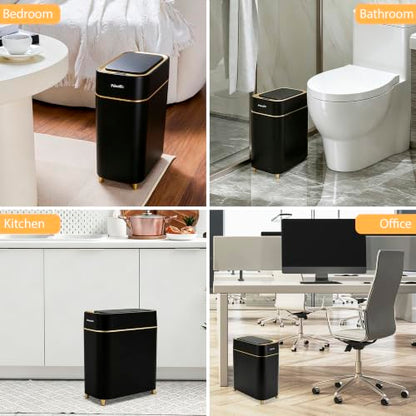 Pukomc Motion Sensor Wastebasket,2.3 Gallon Bathroom Trash can with lid | Touchless Smart Plastic Slim Wastebasket,Quiet Close Waste Bin for Bathroom,Office,RV,Bedroom,Living Room - color: Black