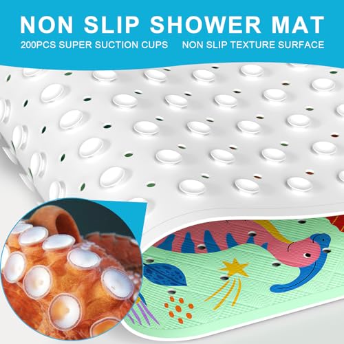 Baby Bath Mat for Tub Non Slip Kids, BPA Free Extra Long Bathtub Mat 40x16 with Drain Holes and 200 Suction Cups, Non Toxic Machine Washable Toddler Bath Mat, Eco-Friendly Certified - color: L-dense Dinosaurs-2