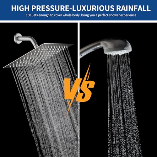 Rain Shower Head 10'' High Pressure Square Rainfall Shower Head Stainless Steel Ultra Thin Waterfall Bathroom Showerhead Body Covering Ceiling Mounted (Brushed nickel)