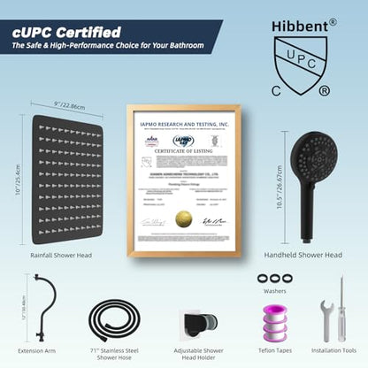 Hibbent All Metal High Pressure Rainfall 10'' Shower Head, CUPC Certified Handheld Showerhead Combo, 12'' Adjustable Shower Extension Arm, 10-Spray, 71'' Hose, Adhesive Showerhead Holder, Matte Black - color: Matte Black, style: Square 10''