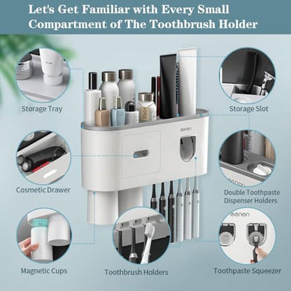 Toothbrush Holders for Bathrooms Wall Mounted, 6 Slot Toothbrush Holder with 2 Automatic Toothpaste Dispensers, 2 Magnetic Cups, Large Capacity Bathroom Organizer, Wall Storage with Drawer - size: Grey 2 Cups