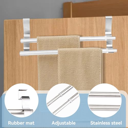 Kitchen Retractable Towel Holder, Stainless Steel Adjustable Double Over Cabinet Door Drying Kitchen Towels Hanger Bar Rack for Homes, Apartments, Condos Bathroom or Kitchen