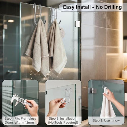 Shower Door Hooks for Towels & Squeegee - No Drill Bathroom Hooks for Frameless Glass Door, Shiny Silver Stainless Steel with Anti-Slip Rubber (2 Pack)