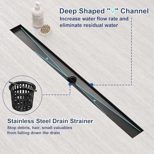 Neodrain 32" Shiny Black Linear Shower Drain,2-in-1 Flat& Tile Insert Cover | 304 Stainless Steel,Fast Drainage, Durable,Rectangle Shower Floor Drain with Adjustable Feet,Hair Strainer,Fits Bathrooms - color: Shiny Black, size: 32 In