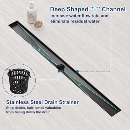 Neodrain 32" Shiny Black Linear Shower Drain,2-in-1 Flat& Tile Insert Cover | 304 Stainless Steel,Fast Drainage, Durable,Rectangle Shower Floor Drain with Adjustable Feet,Hair Strainer,Fits Bathrooms - color: Shiny Black, size: 32 In