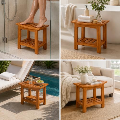 Simple Deluxe Teak Shower Bench, 18" Wood Shower Bench with Shelf, Waterproof Shower Stool for Inside Shower, Bath Chair for Bathroom, Tubs & Outdoor Use, 250LBS - size: 18"
