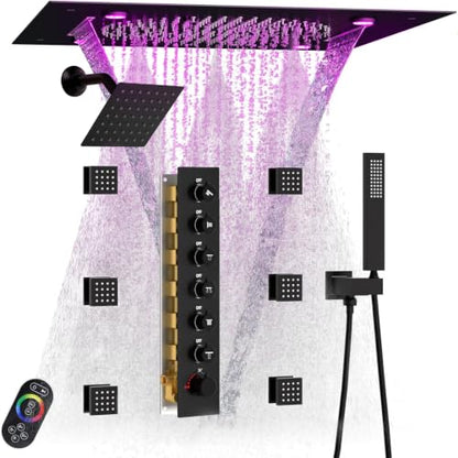 Enga Luxury Dual Shower Head System with Body Jets LED Thermostatic Shower System with 6 inch Wall Shower, 20-Inch 3 Function Shower Head (Rainfall & Mist & Waterfall), Matte Black - color: Matte Black, style: 20" Head (Rain + Mist+Waterfall) - 6" Head+Je