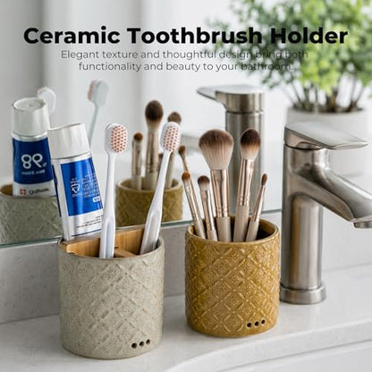 Zoeeker Toothbrush Holders for Bathroom with Drainage and Bamboo Divider | Ceramic Toothbrush and Toothpaste Holder, Detachable 3 Slots Electric Tooth Brush Cup Storage Caddy for Family, Kids, Yellow - color: A-yellow