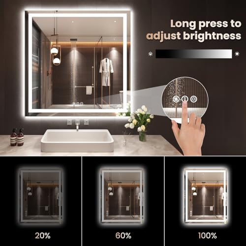 Snowdool 36 x 36 in LED Bathroom Mirror, Front and Backlit, Anti-Fog | Front and Backlit, 3 Color Temperatures, Anti-Fog, Tempered Glass - size: 36"L x 36"W