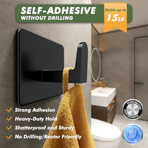 Auxmir Self Adhesive Towel Hooks, 5 Pack Stainless Steel Hooks 15 lb, Black | 15 lb max capacity, heavy-duty no-drill wall hooks, waterproof and rust-resistant, for bathrooms, showers, kitchens and RVs - color: Black-Square