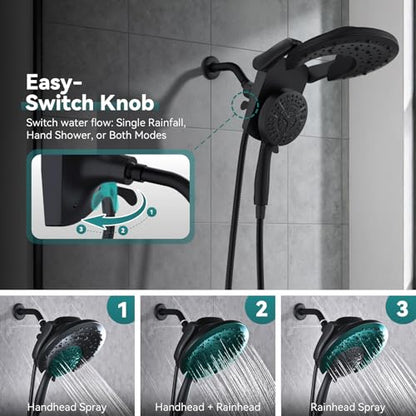 Foldable Rainfall Shower Head 9 Spray Settings/Modes Handheld Showerheads | High Pressure Shower Heads with Handheld Spray Combo, Built-in Magnetic Docking, Power Jets, Stainless Steel Shower Hose - color: Black